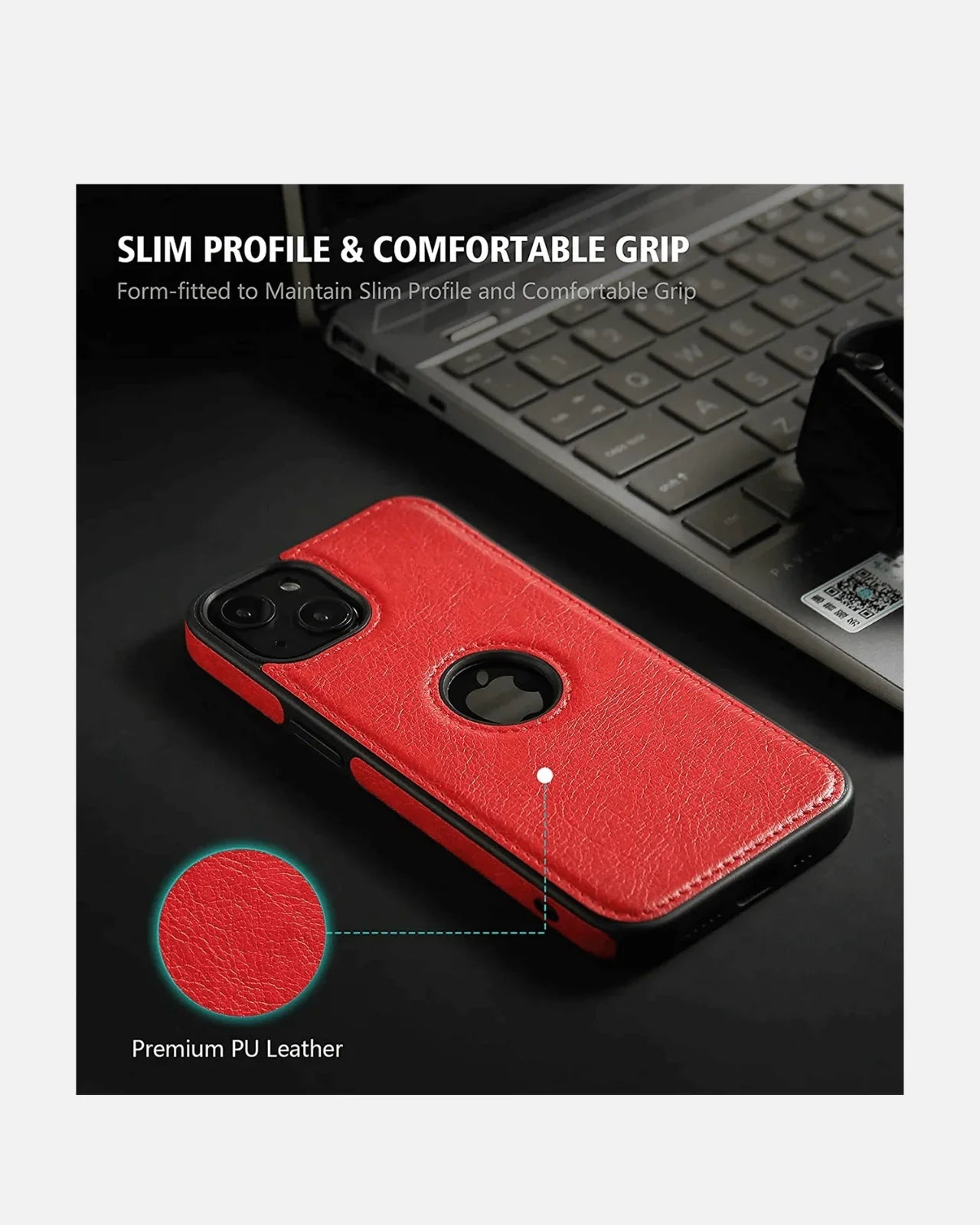 Red leather TPU hybrid case for iPhone 13/14/15/16E with slim profile and logo cutout, shown on laptop.