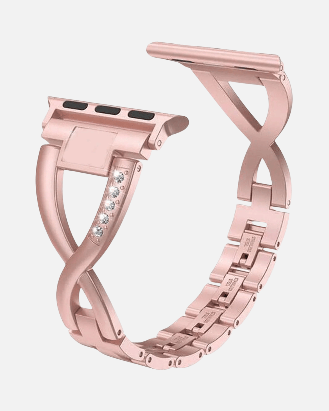 Rose Gold Bling Crystal Metal Strap for Apple Watch, stylish band with criss-cross design and embedded crystals.