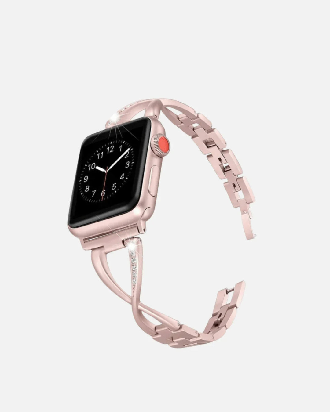 Rose Gold Bling Crystal Metal Strap for Apple Watch with a polished criss-cross design, perfect for formal or everyday wear.