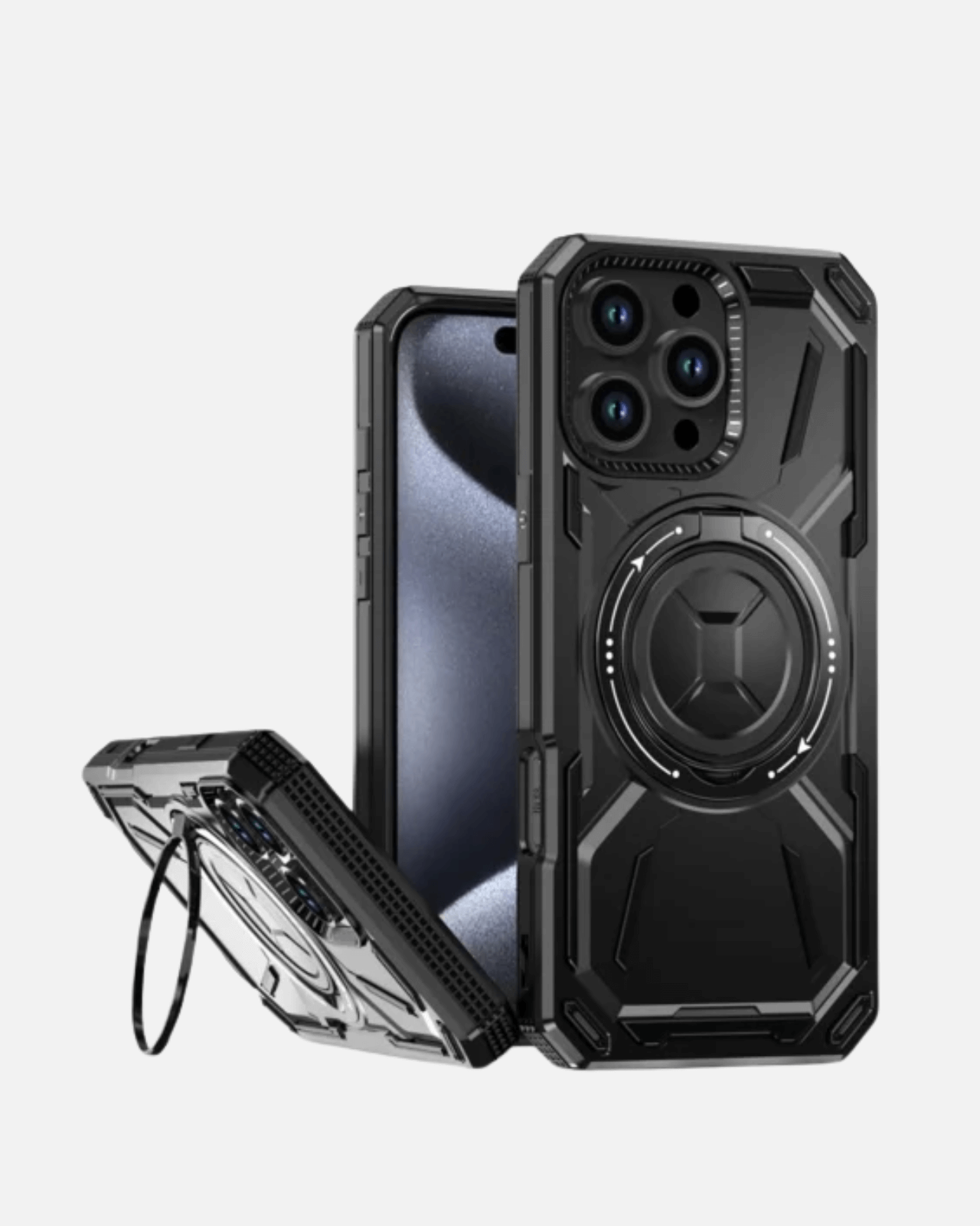 Rugged Armor Case for iPhone 16 Pro Max, black with 360° ring kickstand for full-body protection.