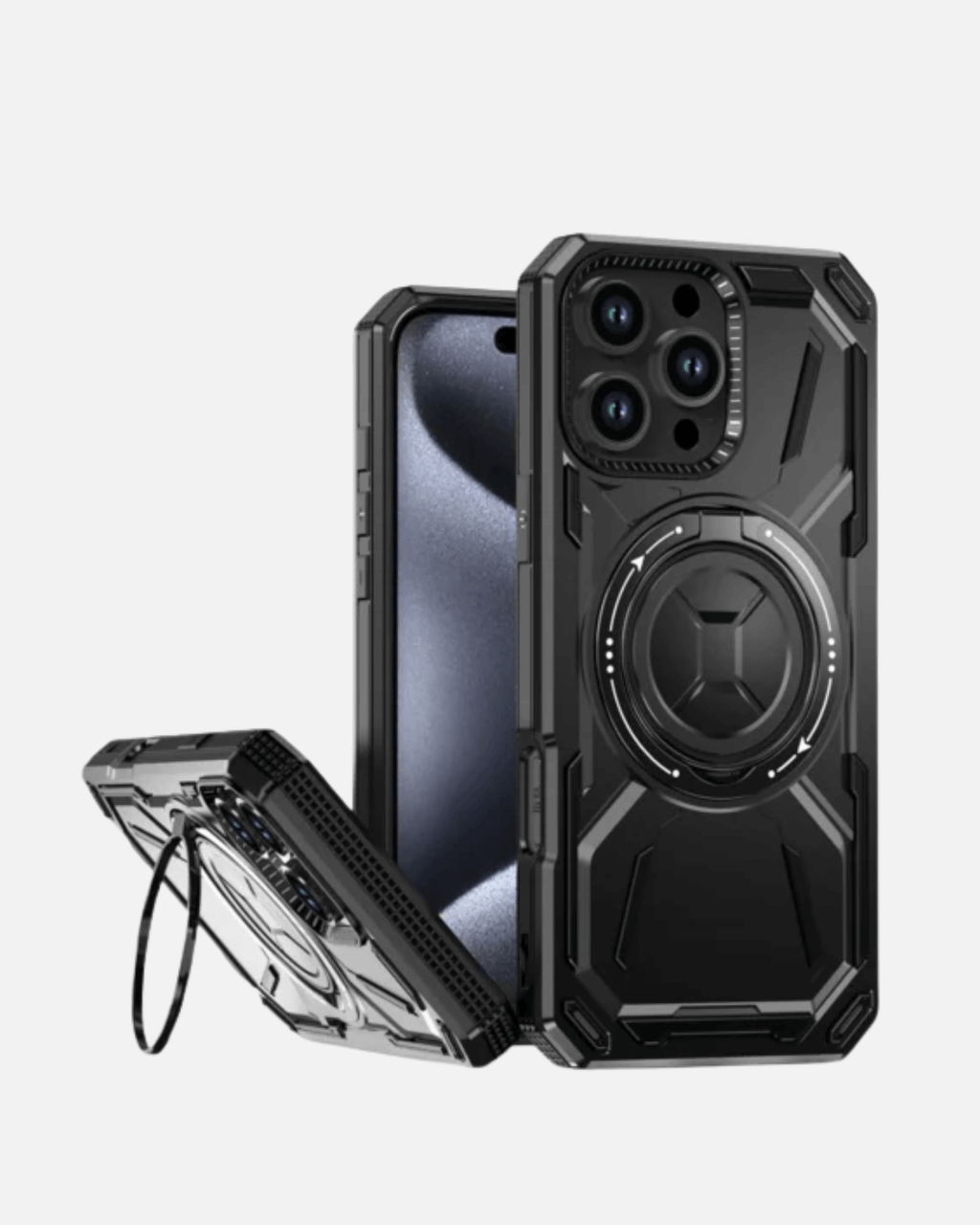 Rugged Armor Case for iPhone 16 Pro Max, black with 360° ring kickstand for full-body protection.