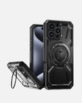 Rugged Armor Case for iPhone 16 Pro Max, black with 360° ring kickstand for full-body protection.