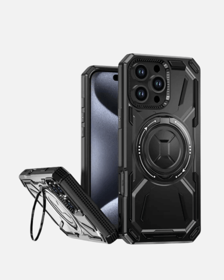 Rugged Armor Case for iPhone 16 Pro Max, black with 360° ring kickstand for full-body protection.