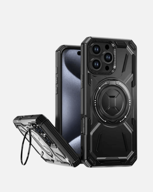 Rugged Armor Case for iPhone 16 Pro Max, black with 360° ring kickstand for full-body protection.