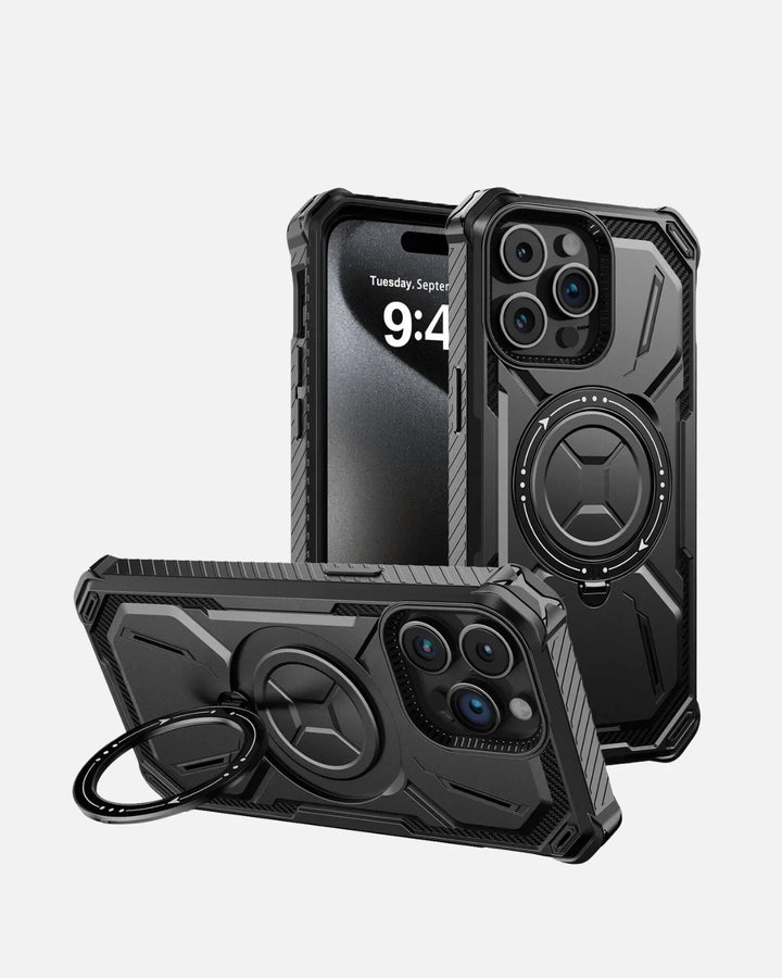 Rugged Armor Case for iPhone 16 Pro Max in black with 360° ring kickstand and dual-layer protection