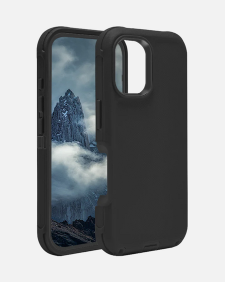 Rugged Armor Case for iPhone 16 Pro Max in black, showcasing dual-layer design with raised edges for protection.