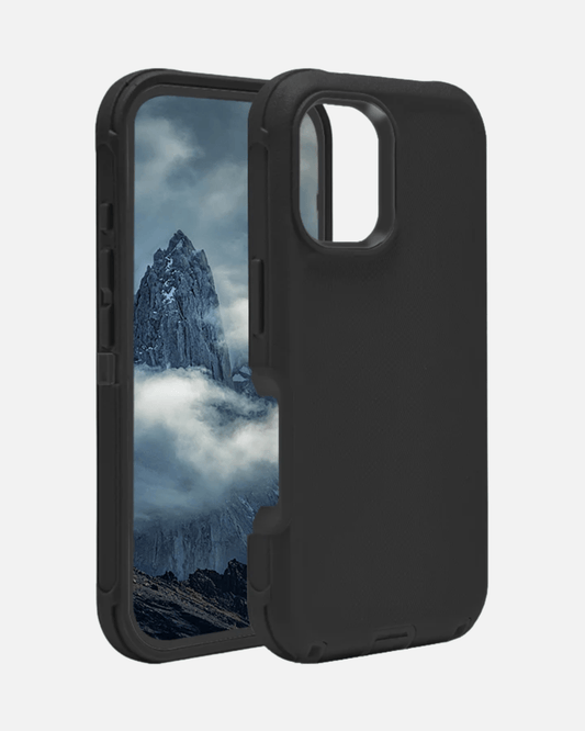 Rugged Armor Case for iPhone 16 Pro Max in black, showcasing dual-layer design with raised edges for protection.