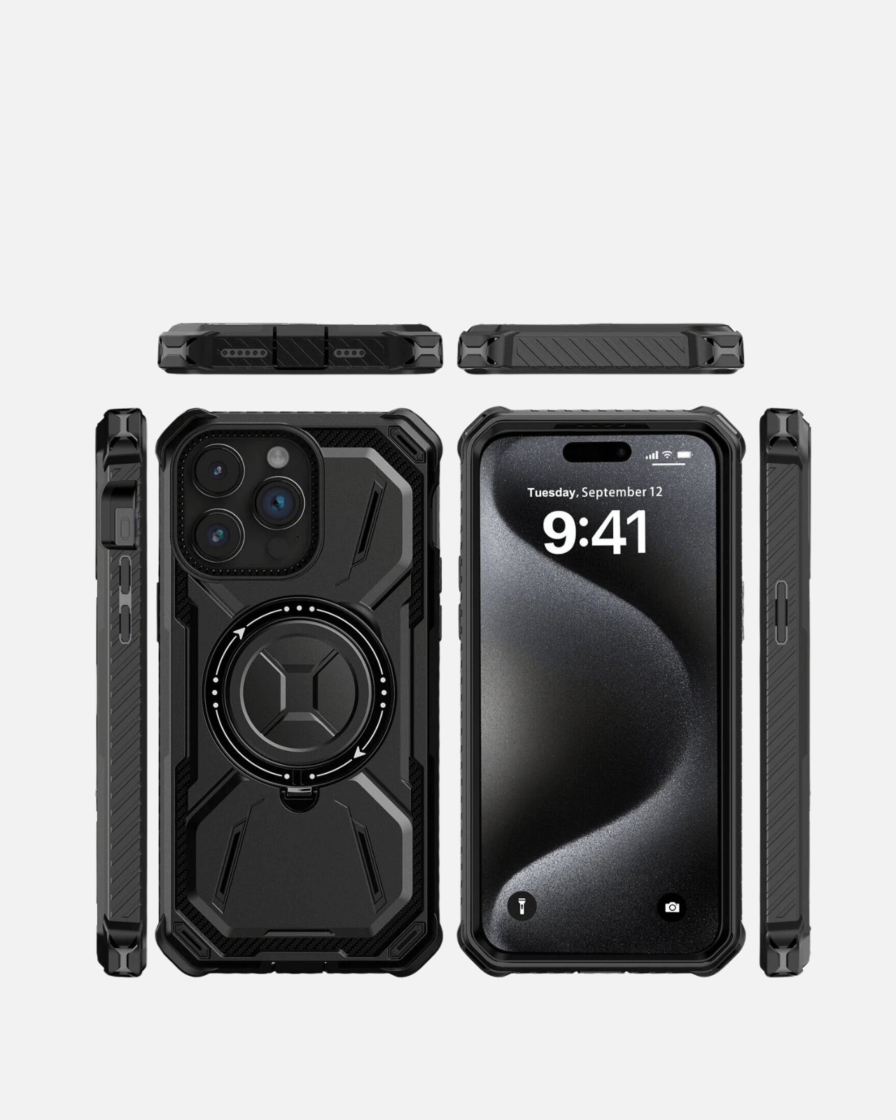 Rugged Armor Case for iPhone 16 Pro Max in black with 360° ring kickstand for full-body protection.