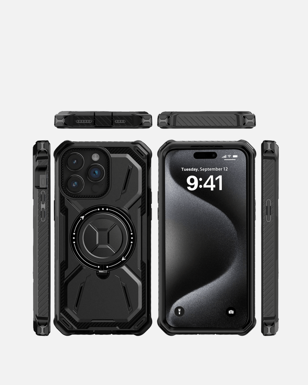 Rugged Armor Case for iPhone 16 Pro Max in black with 360° ring kickstand for full-body protection.