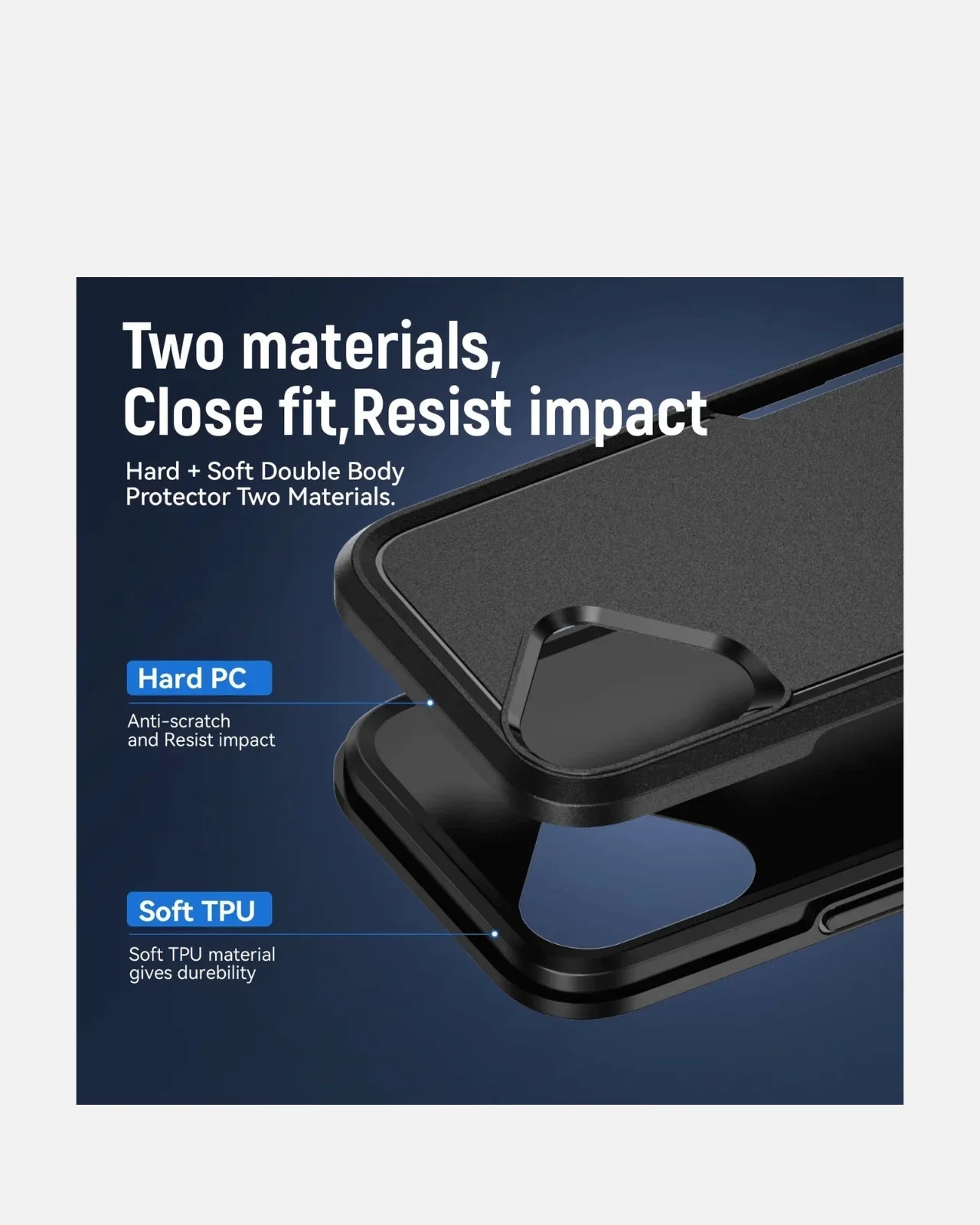 Rugged ArmorShield Case showing dual-layer design of hard PC and soft TPU for iPhone 16 protection.