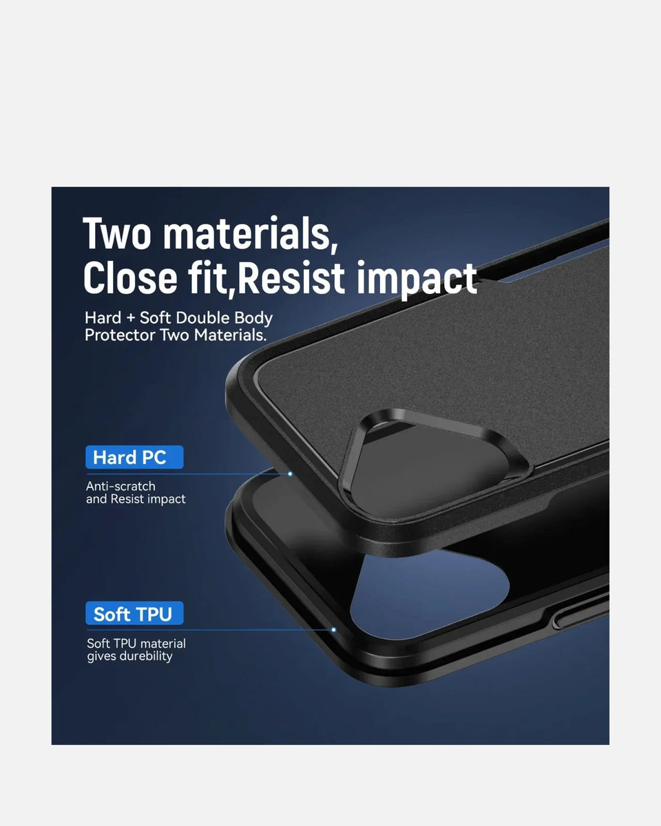Rugged ArmorShield Case showing dual-layer design of hard PC and soft TPU for iPhone 16 protection.
