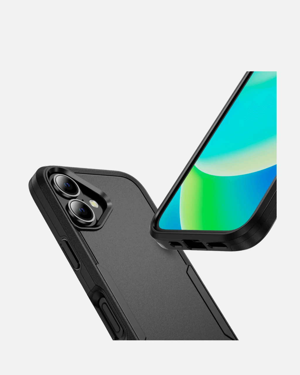 Rugged ArmorShield case for iPhone 16, matte black, showcasing dual-layer protection and slim design.