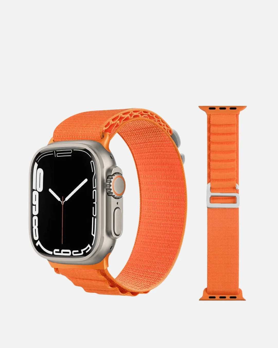 Rugged orange nylon band for Apple Watch 42/44/45/49mm, designed for durability and style in tough conditions.