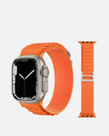 Rugged orange nylon band for Apple Watch 42/44/45/49mm, designed for durability and style in tough conditions.