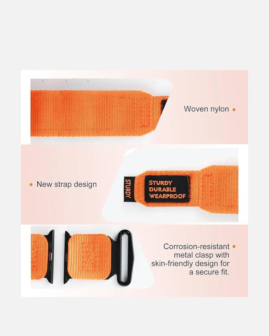 Close-up of orange rugged nylon strap for Apple Watch, showcasing new design and corrosion-resistant clasp.