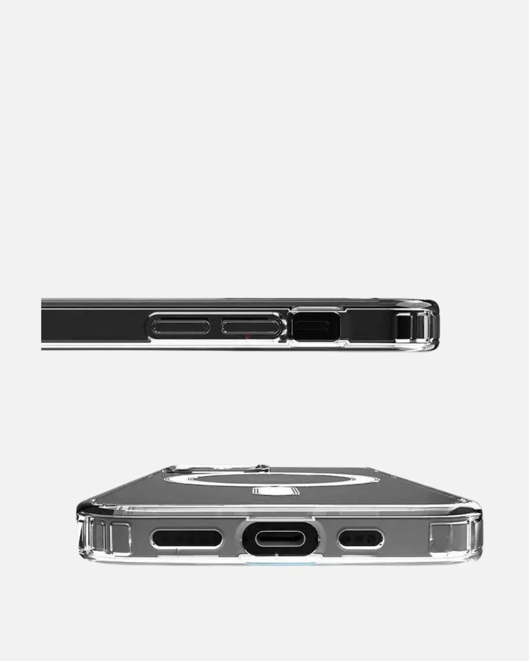 Clear and white edge ShockGuard MagSafe case for iPhone 16 Pro Max showing ports and buttons from multiple angles.