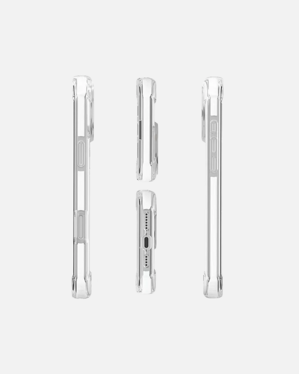 ShockGuard MagSafe Case for iPhone 16 Pro Max, clear TPU with white edges, showing front, back, and side views.