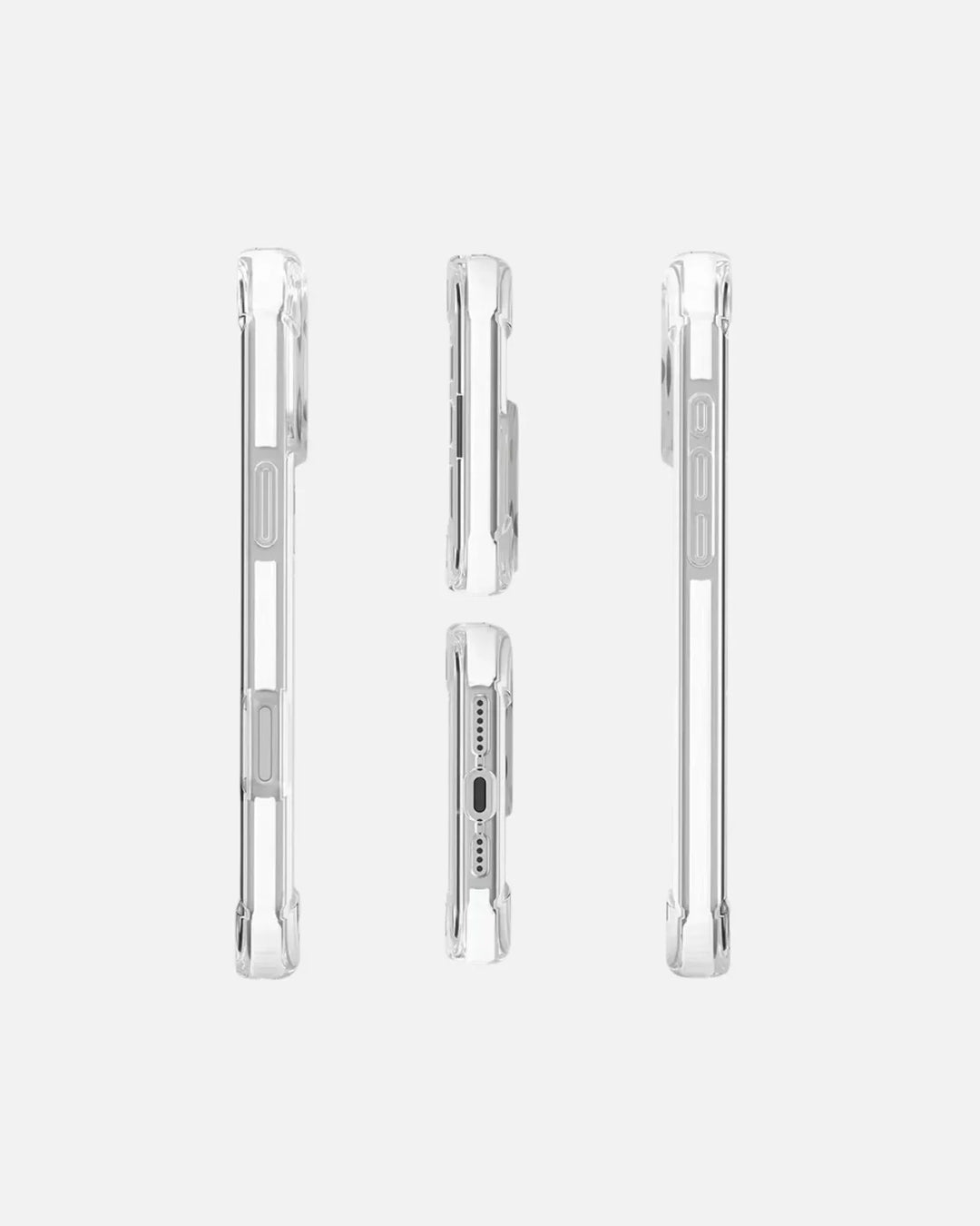 ShockGuard MagSafe Case for iPhone 16 Pro Max, clear TPU with white edges, showing front, back, and side views.