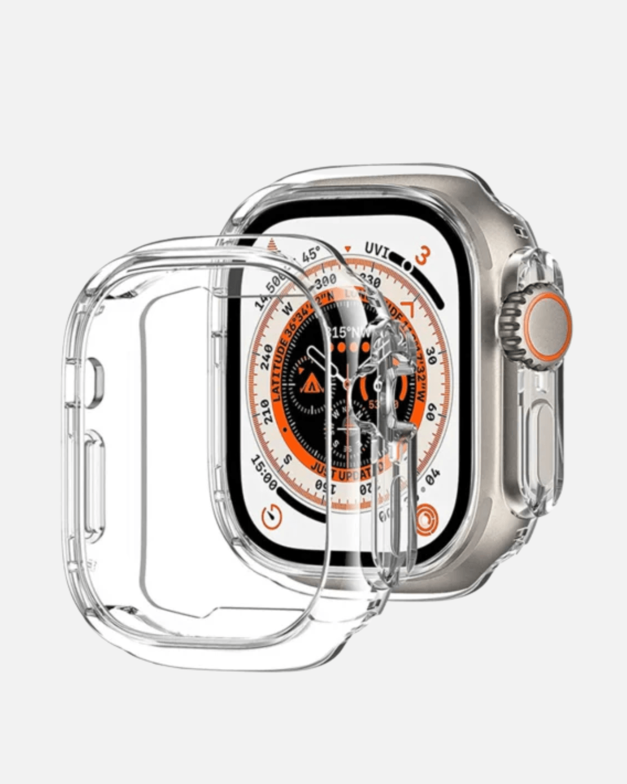 Clear shockproof bumper case for Apple Watch Ultra 49mm, showcasing impact resistance and precise cutouts for easy access.