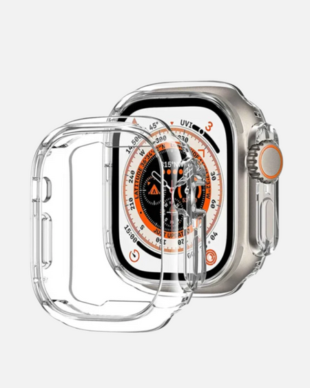Clear shockproof bumper case for Apple Watch Ultra 49mm, showcasing impact resistance and precise cutouts for easy access.