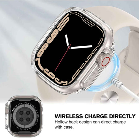 Wireless charging Apple Watch with clear shockproof bumper case, highlighting access to buttons and sensors.