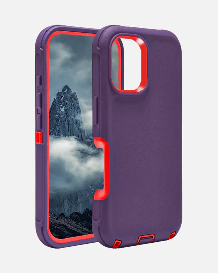 Purple and pink shockproof case for iPhone 16 Pro Max showcasing dual-layer protection and elevated bezels.