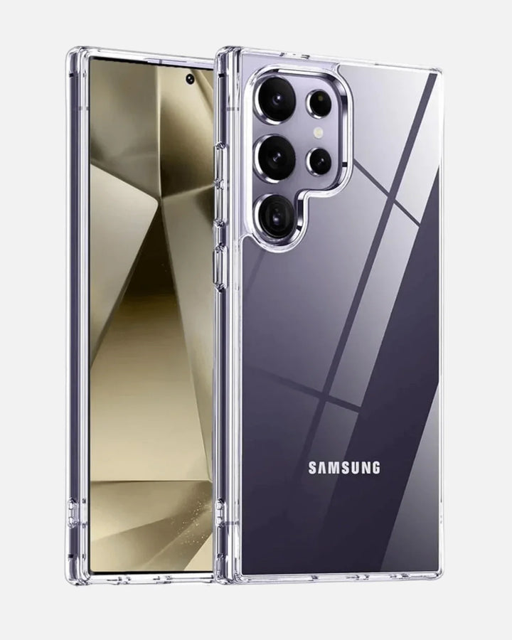 Clear shockproof case for Samsung Galaxy S25 Ultra, showcasing sleek design and military-grade protection.