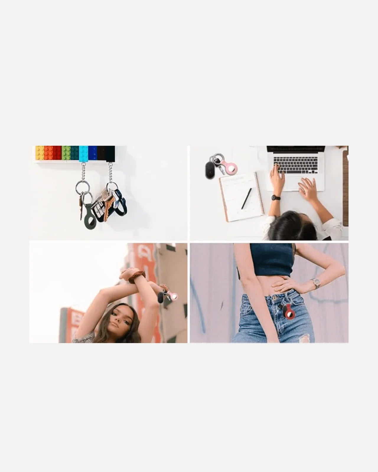 Collage of silicone AirTag holders, showcasing stylish keychain attachments and daily usage in different settings.