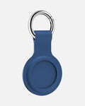 Blue silicone AirTag holder with stainless-steel ring, designed for tracking personal items securely.