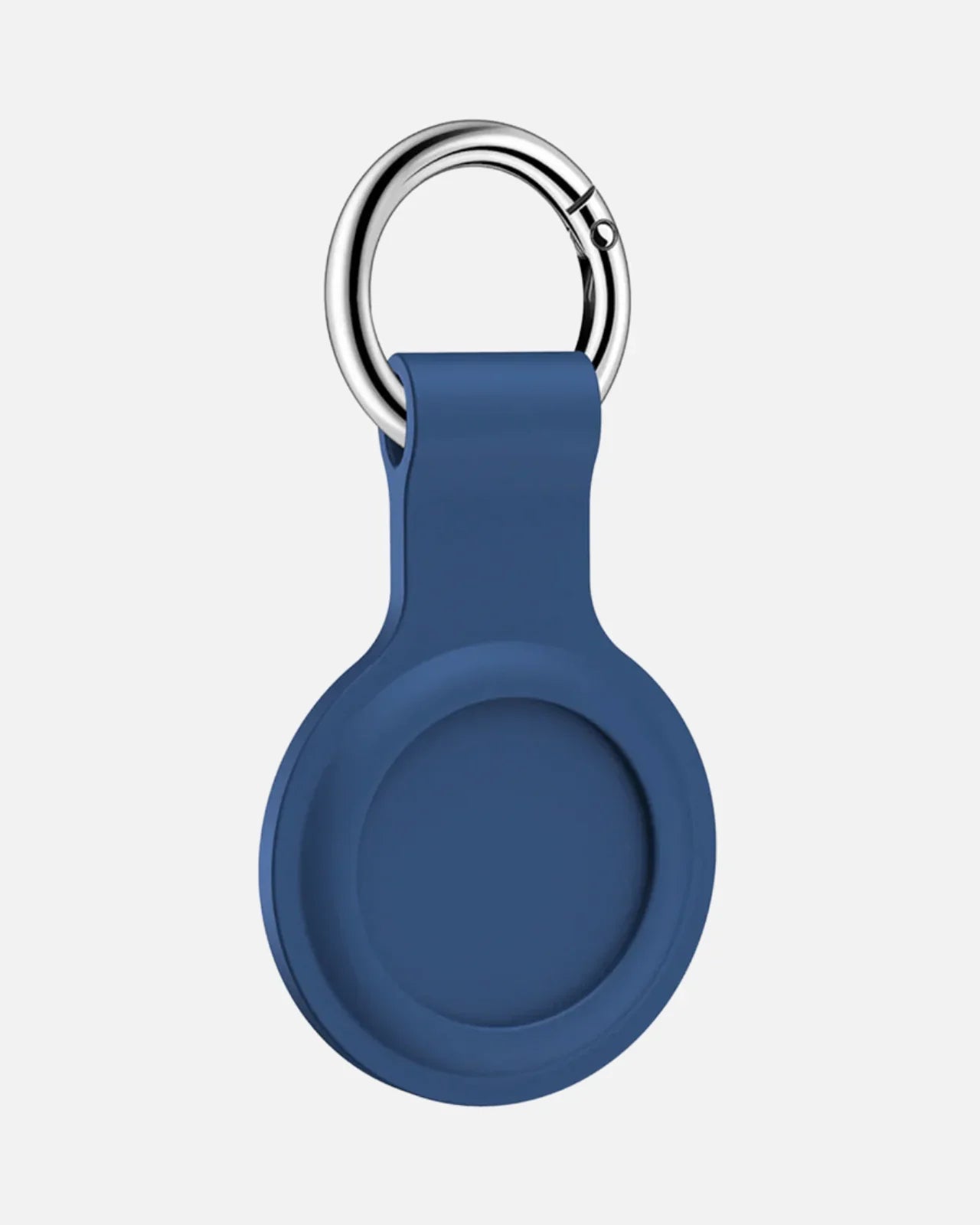 Blue silicone AirTag holder with stainless-steel ring, designed for tracking personal items securely.