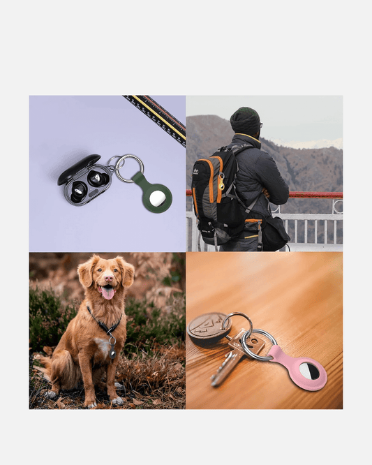 Collage of AirTag holders on keys, a dog with a collar, a backpacker, and AirTags in use.