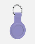 Lilac silicone AirTag holder keychain with stainless steel ring for secure attachment.