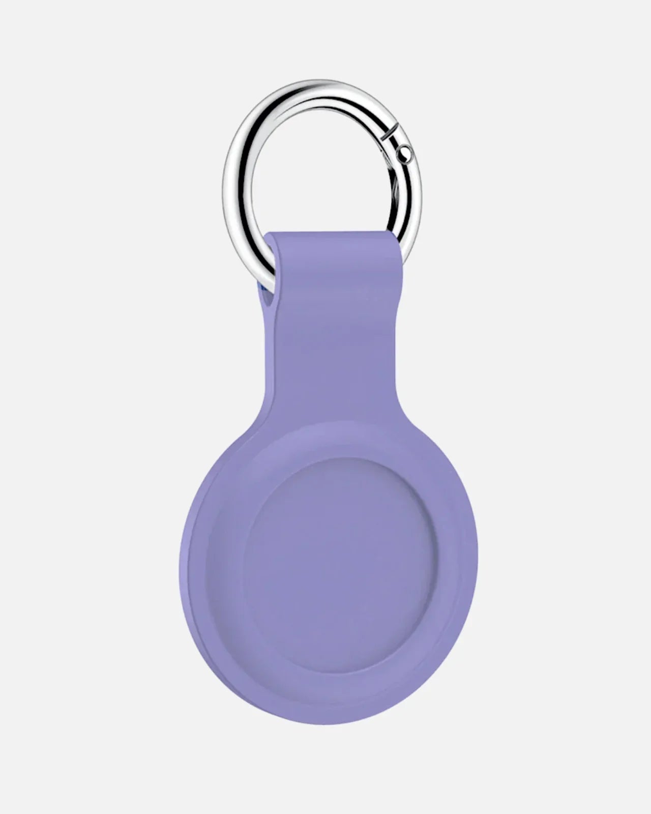 Lilac silicone AirTag holder keychain with stainless steel ring for secure attachment.