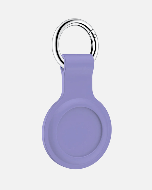 Lilac silicone AirTag holder keychain with stainless steel ring for secure attachment.