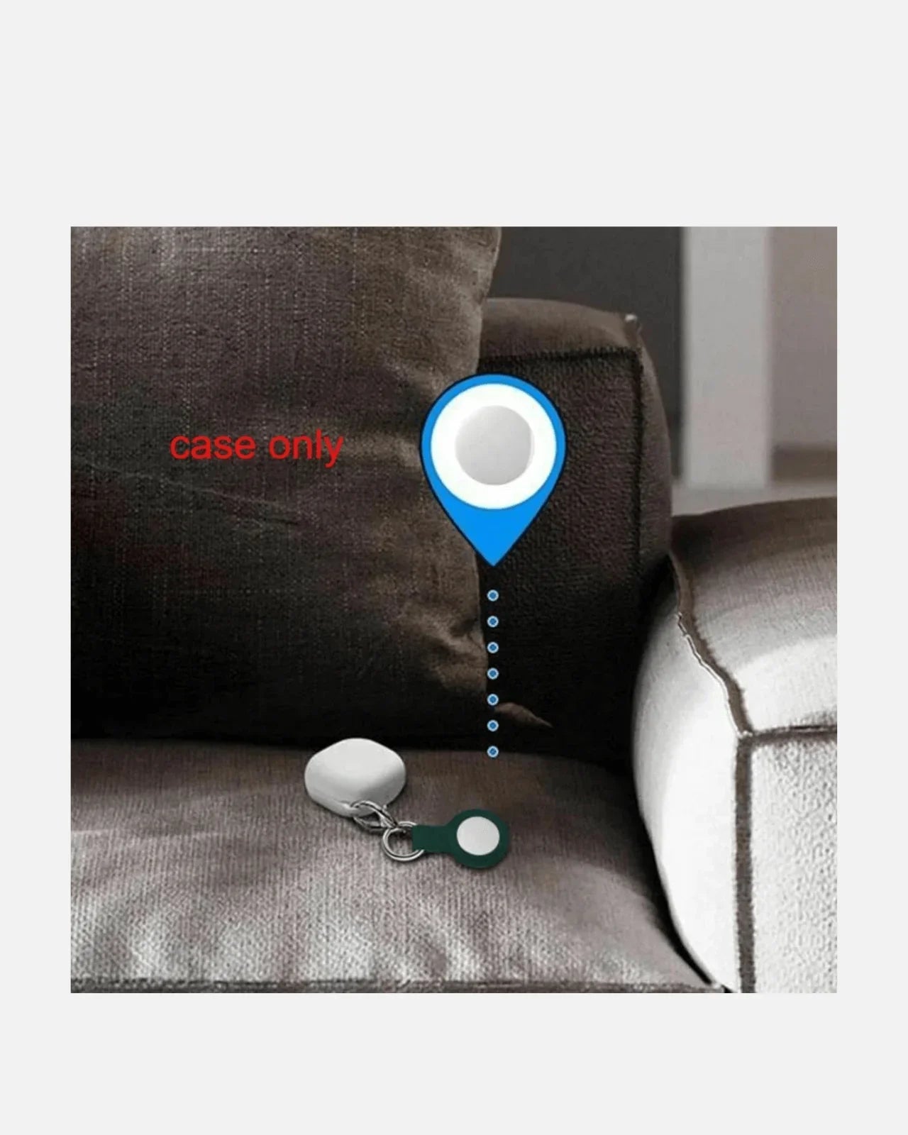 Silicone AirTag holder case displayed on a couch, highlighting its secure design and vibrant color.