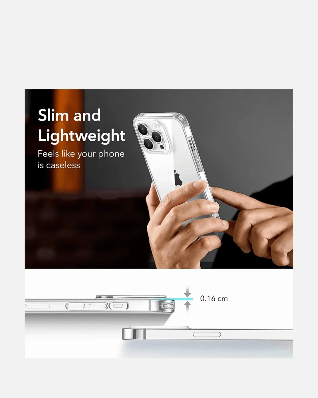 Slim and lightweight clear shockproof case for iPhone 14 Pro Max / 15 Pro Max, showcasing its minimalist design.