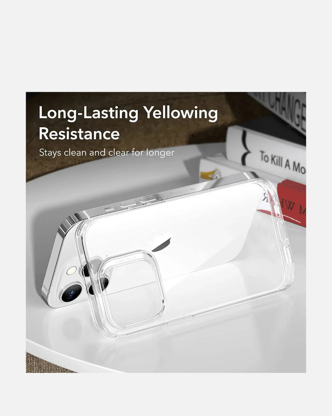 Slim shockproof clear case for iPhone 14 Pro Max/15 Pro Max showcasing yellowing resistance and sleek design.