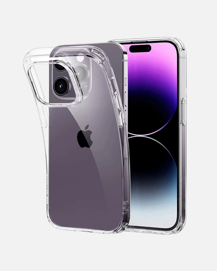 Clear slim shockproof case for iPhone 14 Pro Max / 15 Pro Max, showcasing sleek design and wireless charging compatibility.