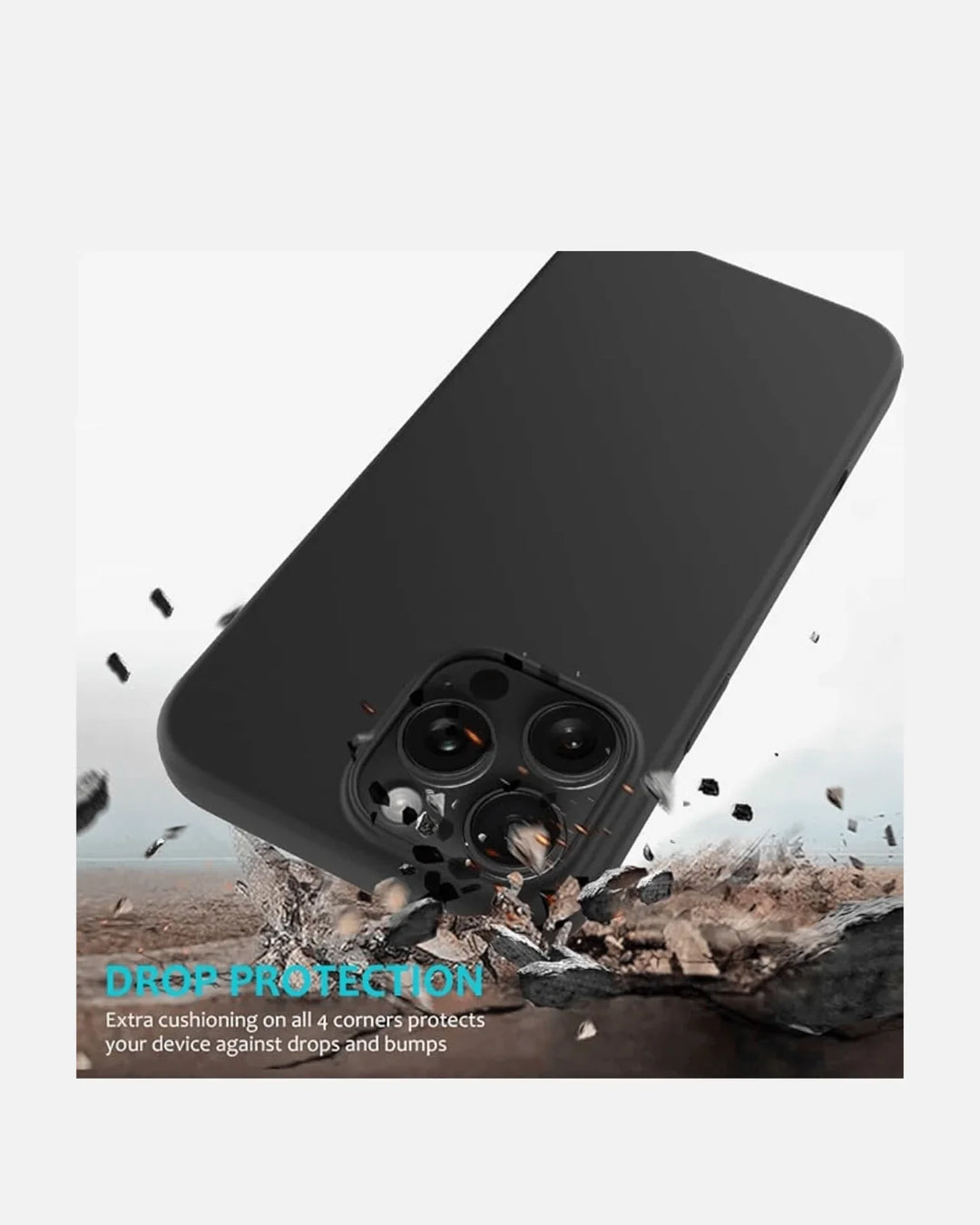 Black soft silicone case for iPhone 16 Pro Max showcasing drop protection features.