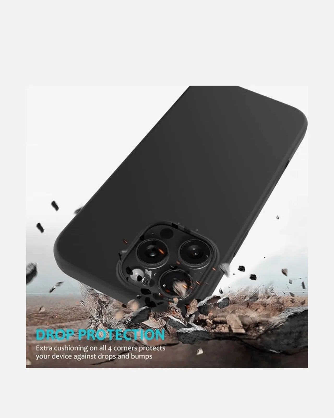 Black soft silicone case for iPhone 16 Pro Max showcasing drop protection features.