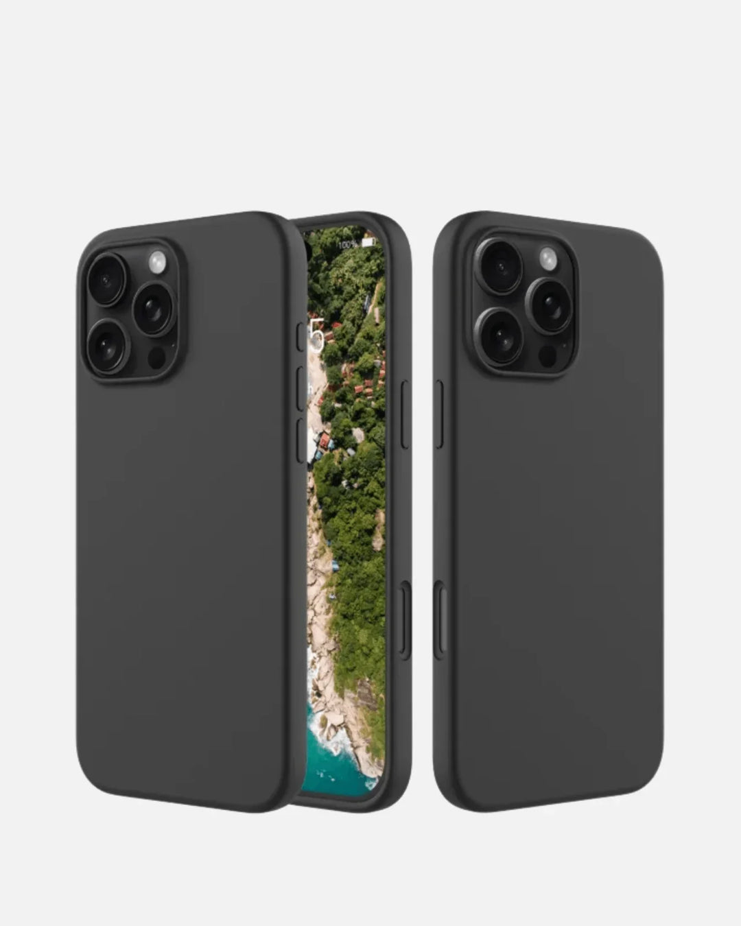 Soft silicone case for iPhone 16 Pro Max in black, showcasing sleek design and full bottom protection.