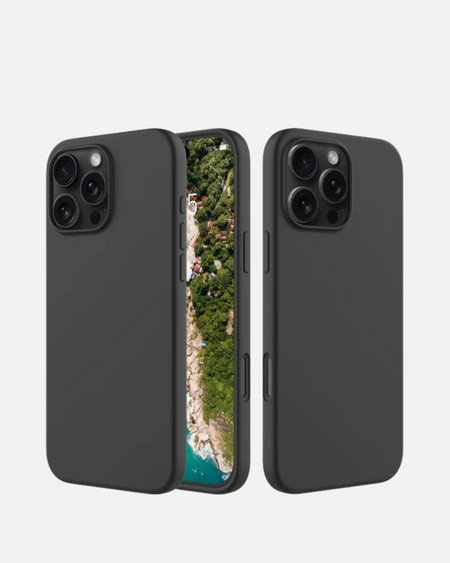 Soft silicone case for iPhone 16 Pro Max in black, showcasing sleek design and full bottom protection.