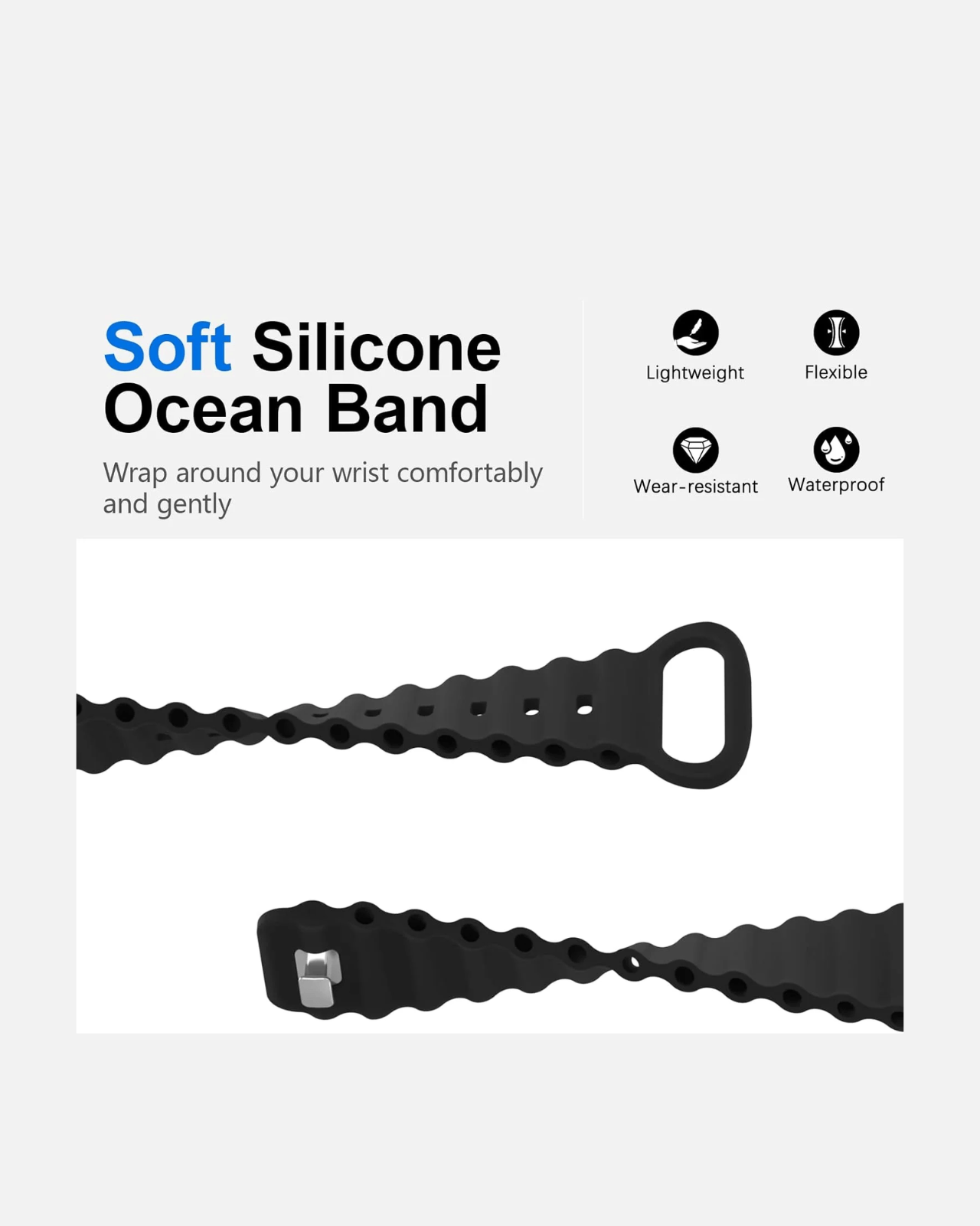 Soft black silicone ocean band for Apple Watch; lightweight, flexible, waterproof, and wear-resistant design.