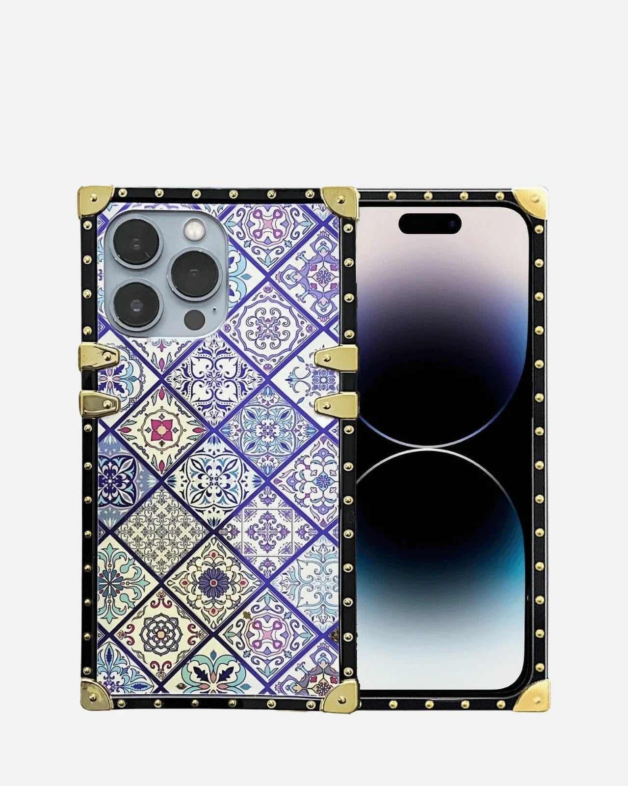 Luxury Square Glitter iPhone Case featuring vintage tile design and gold accents for iPhone 13/14/15.