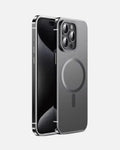Sleek black stainless steel frame MagSafe case for iPhone 15 Pro and Pro Max with mirror-finish design.