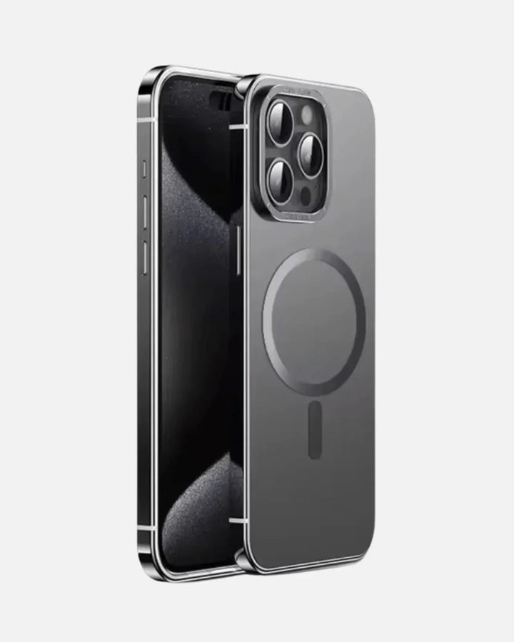 Sleek black stainless steel frame MagSafe case for iPhone 15 Pro and Pro Max with mirror-finish design.