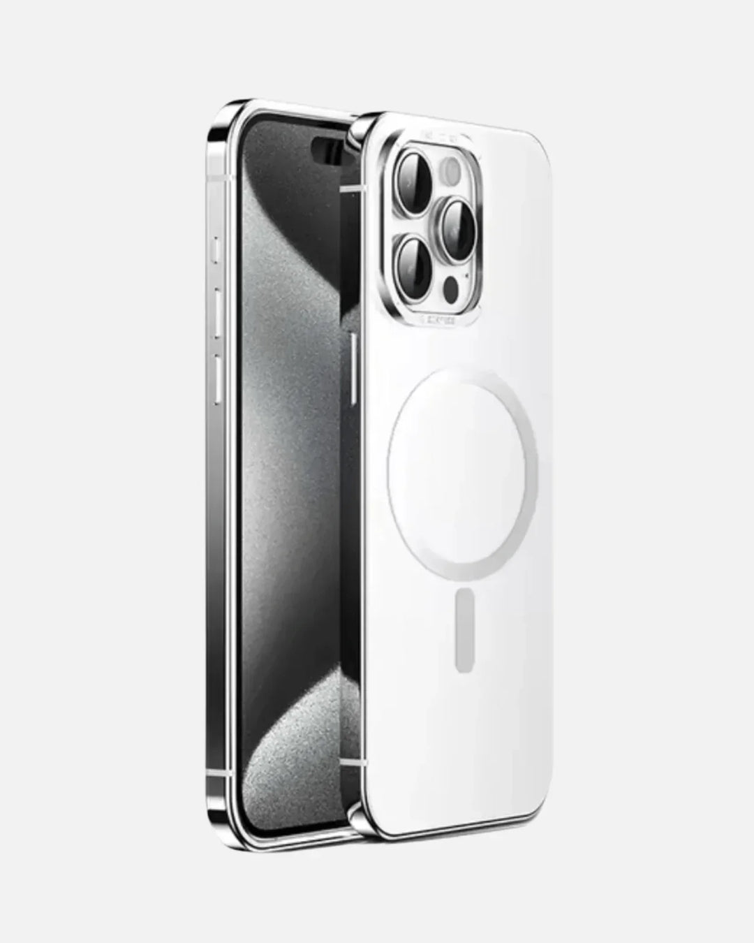 Premium stainless steel frame MagSafe case for iPhone 15 Pro & Pro Max in sleek black design.