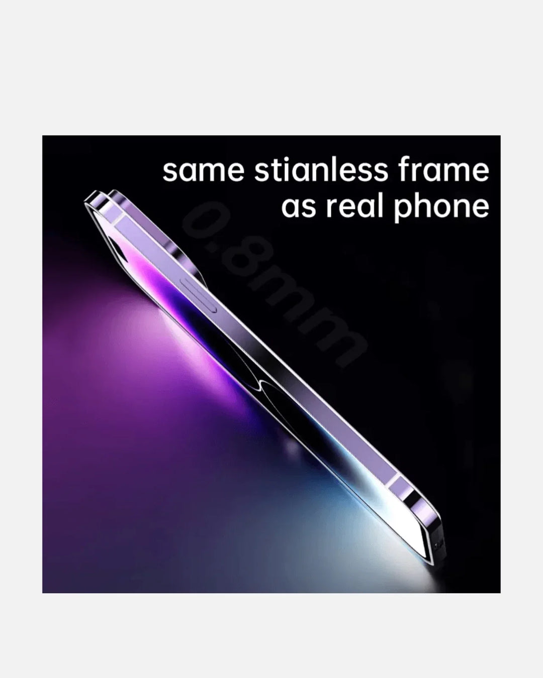 Stainless steel frame MagSafe case for iPhone 15 Pro showcasing ultra-slim profile and mirror finish.