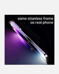 Stainless steel frame MagSafe case for iPhone 15 Pro showcasing ultra-slim profile and mirror finish.