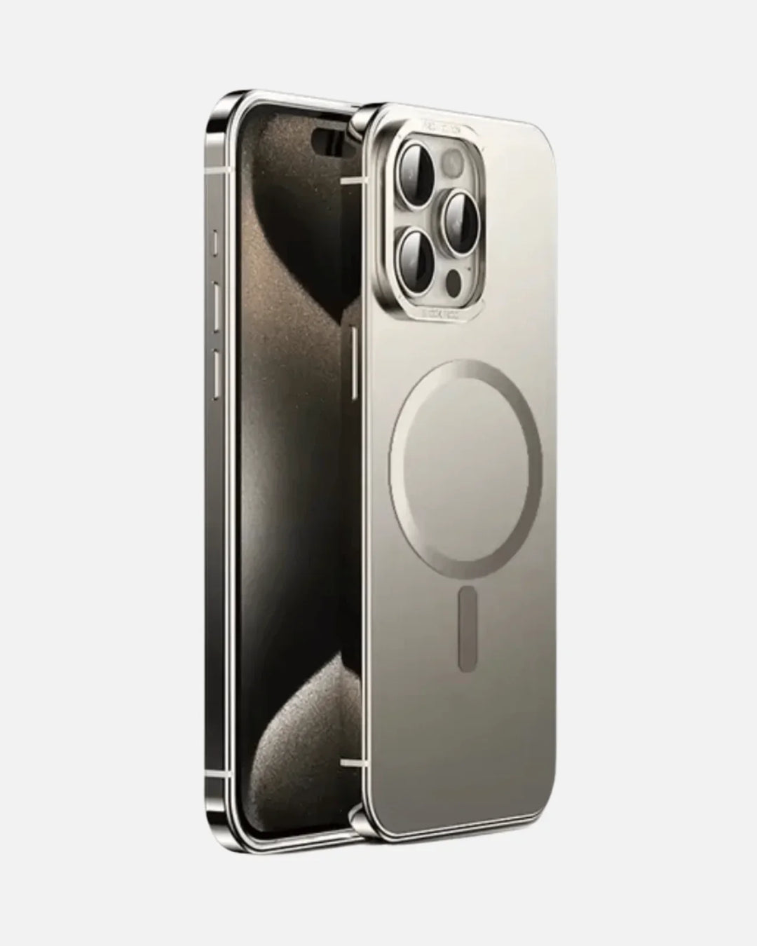 Sleek stainless steel MagSafe case for iPhone 15 Pro, showcasing mirror-finish and slim design with full compatibility.